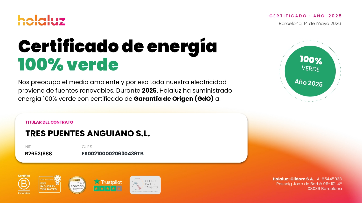 Certificado de energía 100% verde - Holaluz - Tres Puentes Anguiano 2025